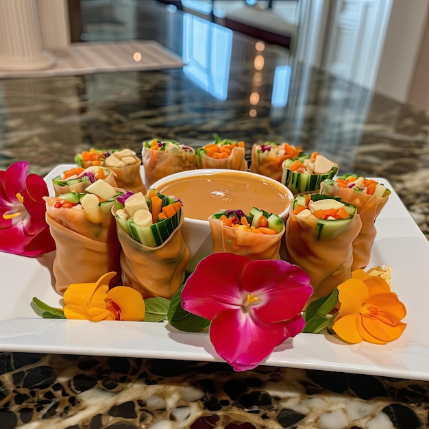 Spring rolls with vegetables and sauce on a white plate in a restaurant