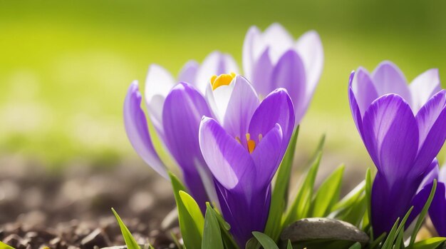 Foto spring's jewels crocus bloemen op stengel met bladeren die de komst van het seizoen vieren