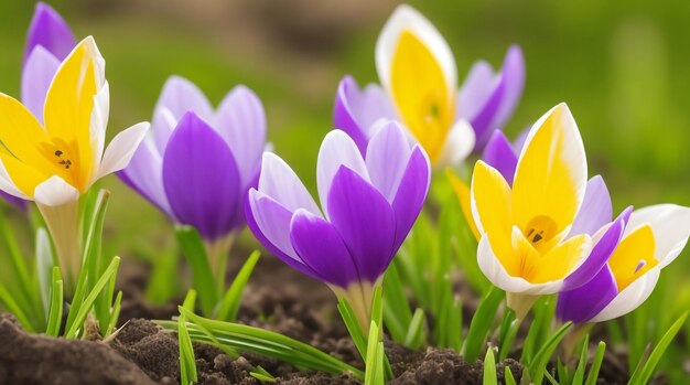 春の宝石クロッカスの花と葉が茎に咲き、季節の到来を祝う