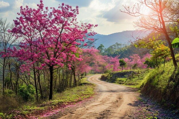 Photo spring sakura flower or cherry blossom path through a beautiful road chiang m thland