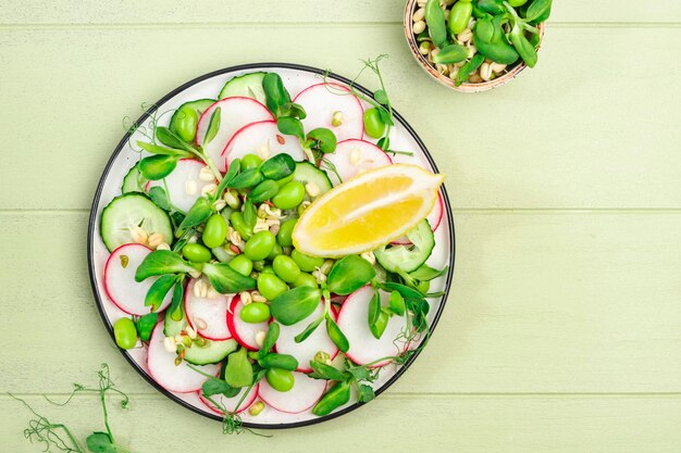 Spring salad plate with radish cucumber green pea sunflower soy and mung bean sprouts edamame and flax seeds Vegetarian vegan healthy food Top view green kitchen table