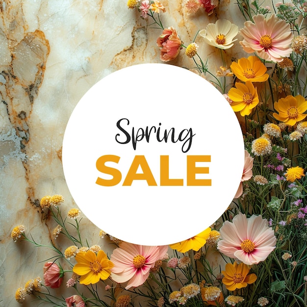 Photo spring sale announcement on marble with a medley of yellow wildflowers