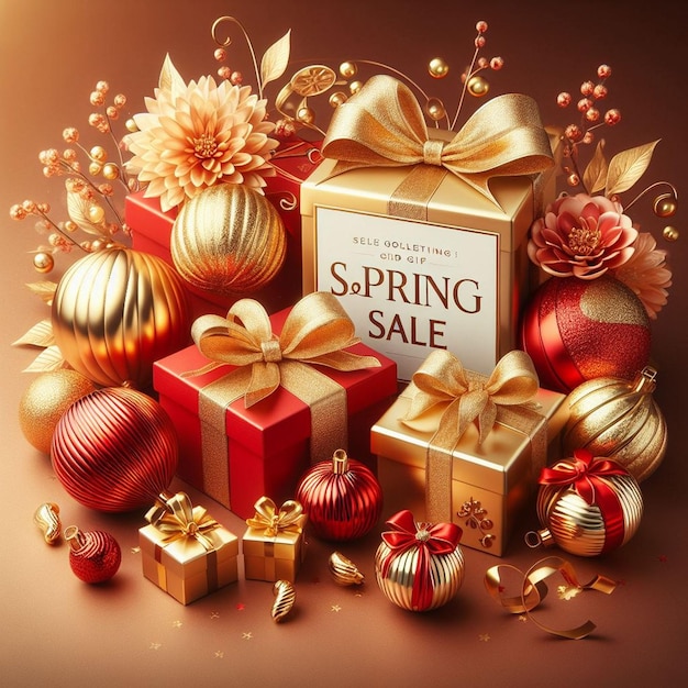 spring sale banner featuring a burst of vibrant red and golden balls and gifts AI generated