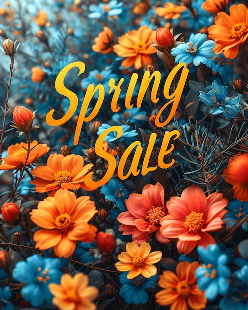 Spring Sale Typography Amidst Abundant Orange and Blue Flowers