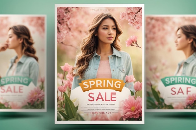 春の花と一緒に売り上げ ストーリー テンプレート フラットイラスト スクエアの背景で編集可能