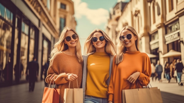 Photo for the spring sales three cheerful female companions with shopping bags strolled along the street generative ai