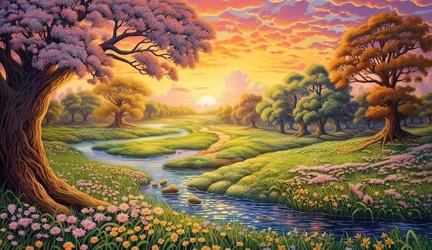 a spring scene with beautiful flowers and trees in the style of photorealistic landscapes