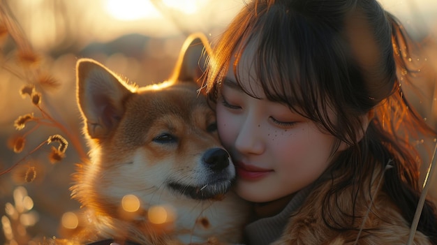 During the spring season an Asian girl plays with a Shiba Inu dog in the park