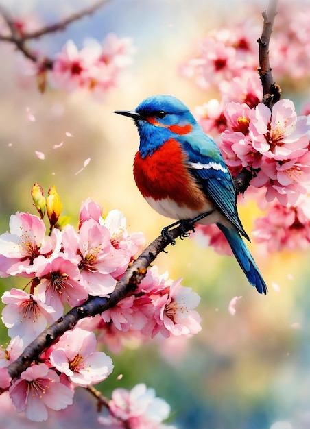 Photo spring season cherry blossom and colorful flowers