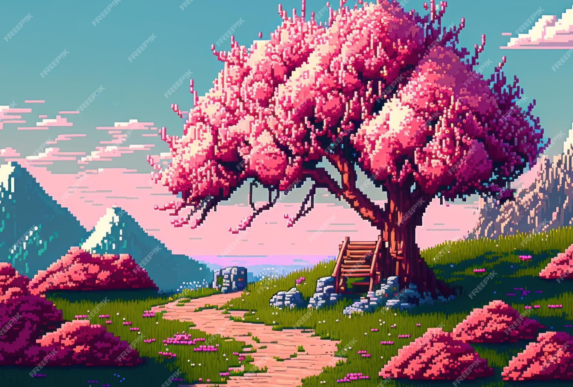 Premium Photo | Spring season cherry blossom tree with beautiful landscape background  pixel art style