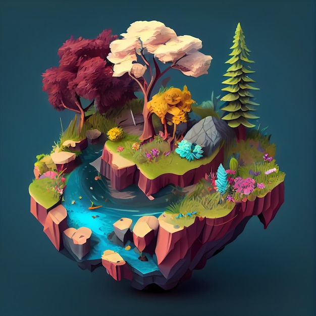 Spring season isometric diorama island generative ai