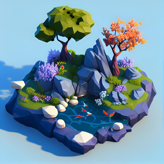 Spring season isometric diorama island generative ai