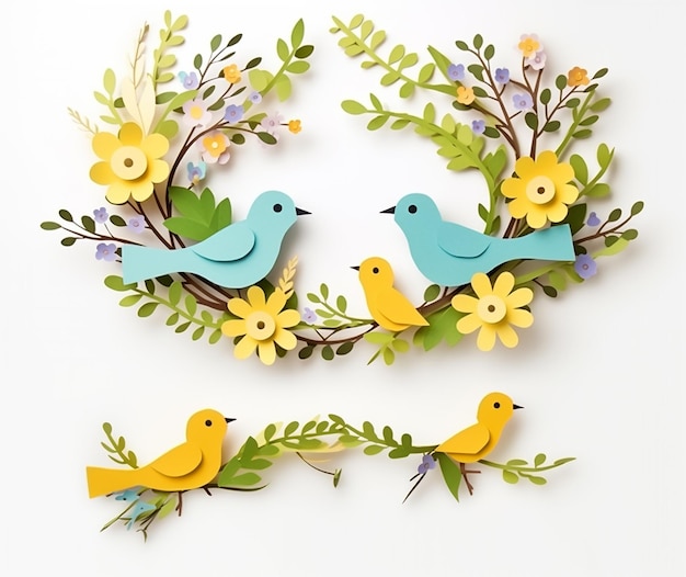 Spring season nature plant and birds on white background illustration