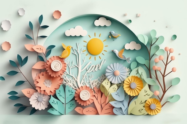 Spring season nature plant and birds on white background in pastel color and paper craft style