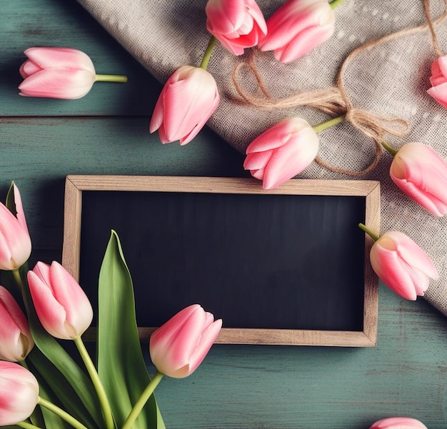 Spring season still life with pink tulips and Empty on letterboard