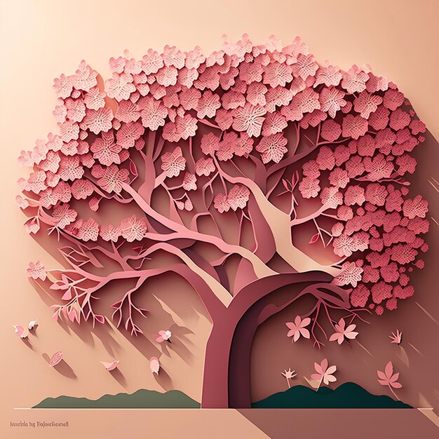 Spring season tree with pink blossom background in paper cut style Generative AI