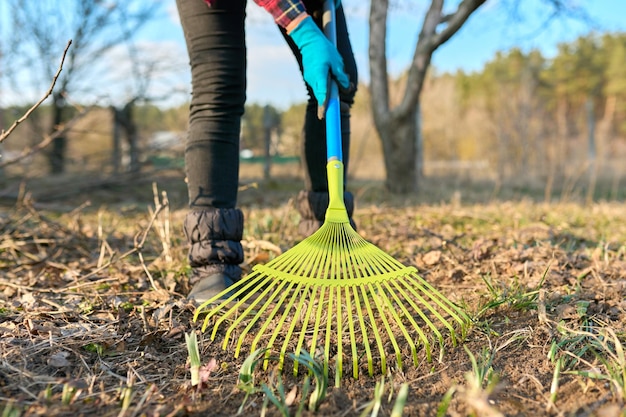 Spring seasonal gardening rake cleaning backyard closeup