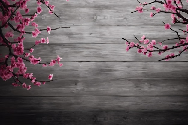 Фото Весенний сезон розовой ветки сакуры с цветочным фоном на деревянном столе сгенерирована нейронная сеть ai