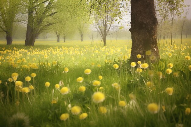 Spring serenity tranquil scene with dandelions