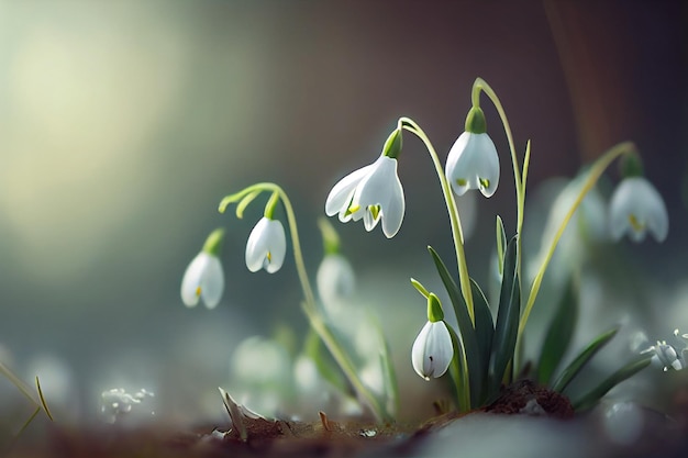 Spring Snowdrop Flowers in Spring Forest op de natuur Achtergrond van Sun en Blurred Bokeh Lights AI gegenereerd