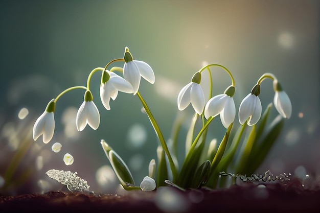 Spring Snowdrop Flowers in Spring Forest on nature Background of Sun and Blurred Bokeh Lights AI Generated