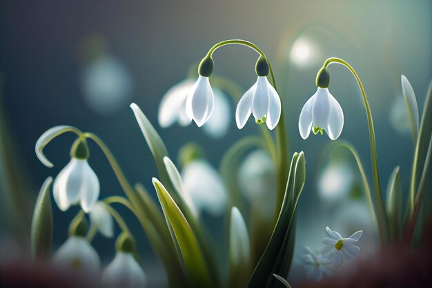 Spring Snowdrop Flowers in Spring Forest on nature Background of Sun and Blurred Bokeh Lights AI Generated