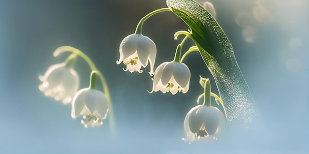 Spring Snowdrop Flowers in Spring Forest on nature Background of Sun panorama AI Generated