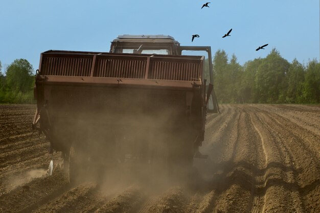 Spring sowing in plowed agricultural field potato planter plants potatoes creating cloud of dust