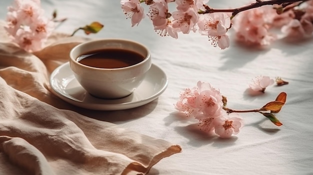 Весенний натюрморт Макет поздравительной открытки, конверт, чашка кофе на белой льняной скатерти, винтажное женственное фото, цветочная композиция с розовыми цветами вишневого дерева сакуры, Generative AI