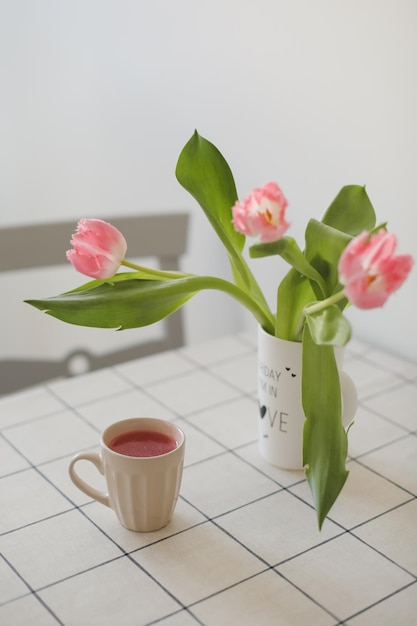 spring still life with fresh pink tulips home decor