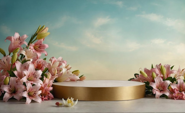 Spring Style Empty Product Podium With Lilies Flowers