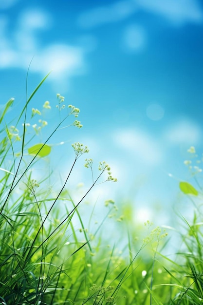 Spring or summer abstract nature background with grass in the meadow and blue sky in the bac