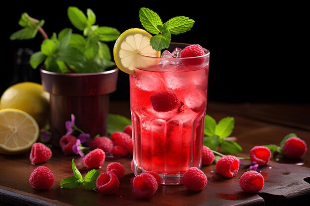 Spring or summer cold cocktail raspberry lemonade