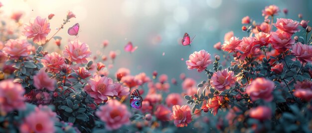 Spring or summer fairytale floral wide banner with rose flowers blossoming on a blurred beautiful background toned in bright colors and shining sun beams