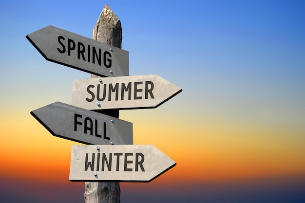 Spring summer fall winter four seasons wooden signpost