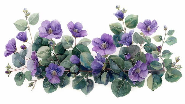 春や夏の祝賀カード 招待状や結婚式 緑のユーカリの葉 紫の花と枝の水彩のバナー
