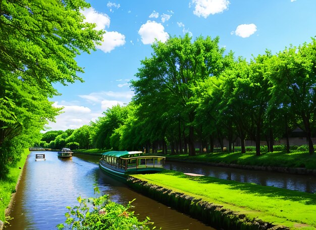 Spring summer landscape blue sky clouds river boat green trees