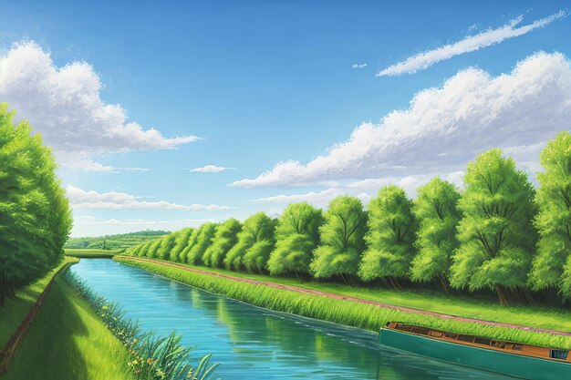 Spring summer landscape blue sky clouds river boat green trees