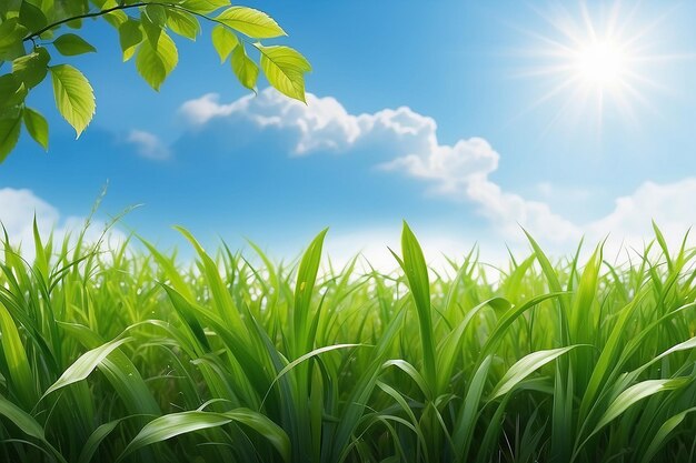 Spring or summer season abstract nature background with grass and blue sky in the back