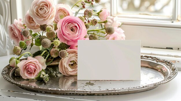 Photo spring summer still life scene blank place card mockup