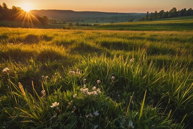 Foto il tramonto di primavera su un prato tranquillo