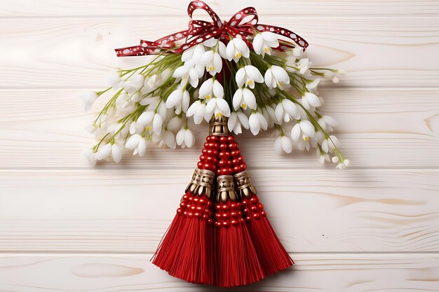 Photo spring symbol martenitsa or martisor consisting of red and white pieces