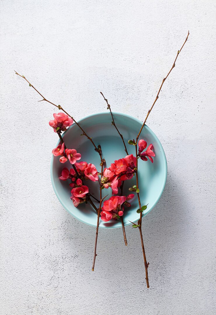 Spring table setting with flowering branches.