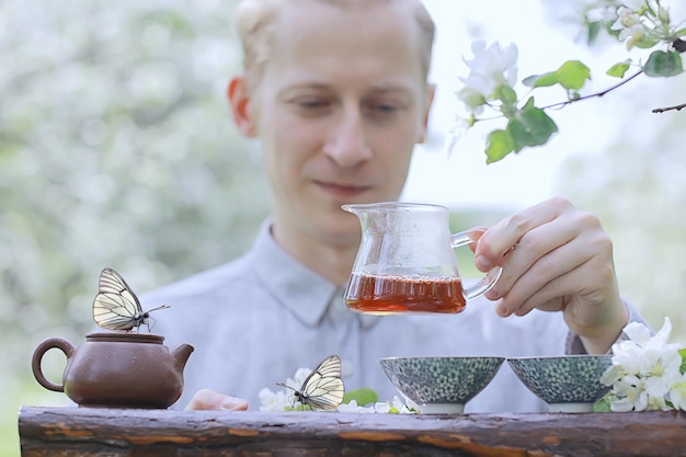 Tè primaverile, tè verde fresco cinese, farfalla sui fiori, felicità e meditazione asiatica in primavera