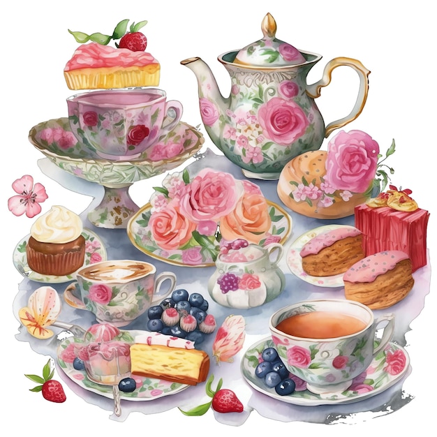 Spring tea party food watercolor illustration spring clipart