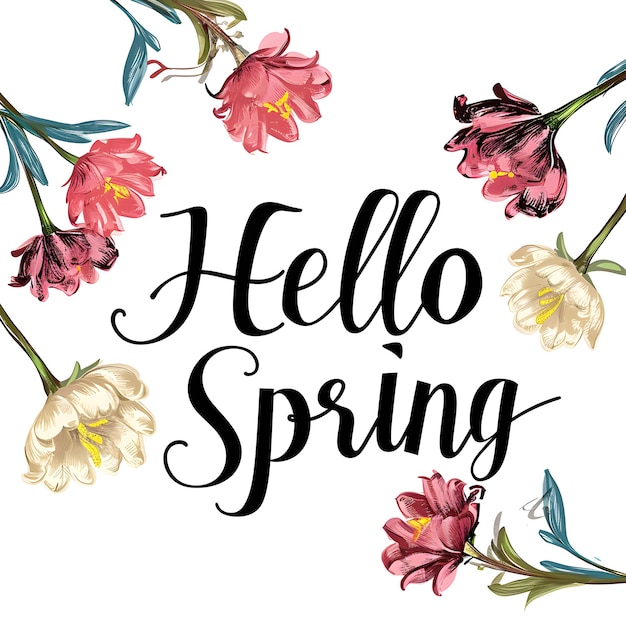 Photo spring text effect style with leaves and flowers for design spring discount sale post