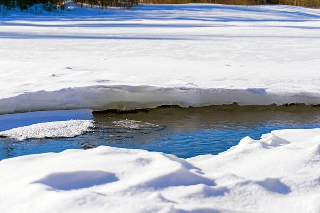 Spring thawed patch in the ice of the river on a sunny day