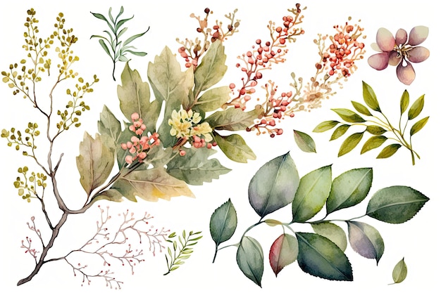 Spring Themed Botanical Illustration on White Background