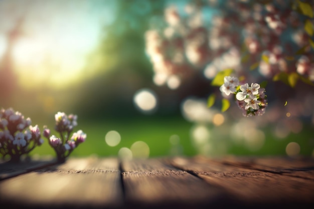 Spring Time Blossoms On Wooden Table In Green Garden Illustrator AI Generative