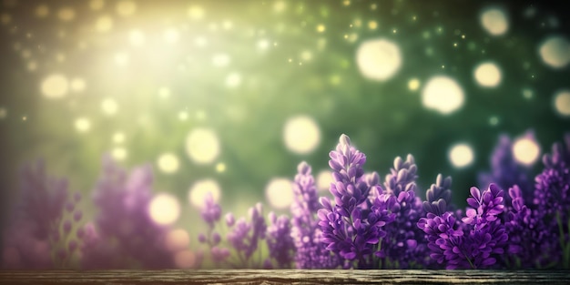 Spring Time lavander blossoms On Wooden Table In Green Garden With Bokeh Lights And Flare Effect copy space